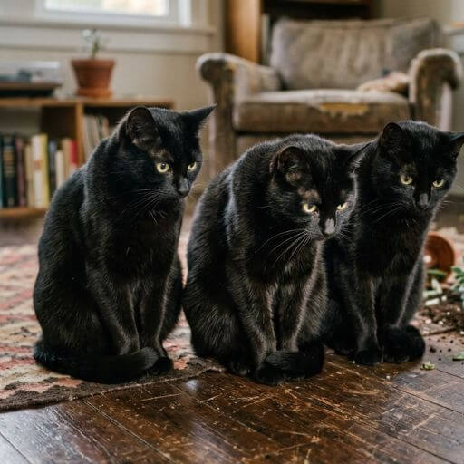 Fotografia nostálgica de três filhotes de gatos pretos juntos tristes numa sala.