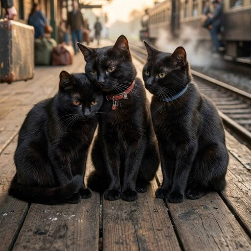 Fotografia nostálgica de três gatos pretos juntos tristes numa estação de trem.