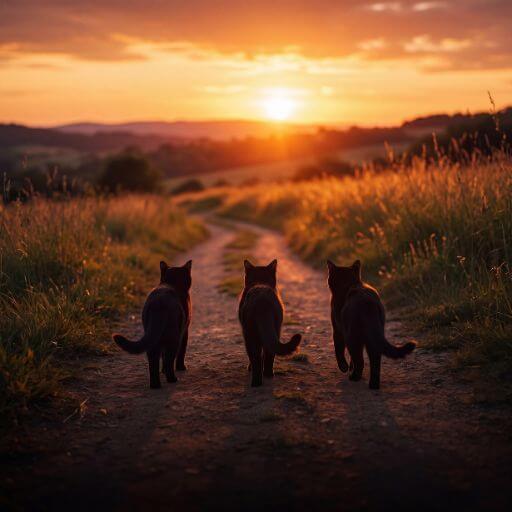 Uma imagem comovente de três gatos pretos indo embora, com raio de luz suave a iluminar , transmitindo uma sensação de saudade e silêncio.
