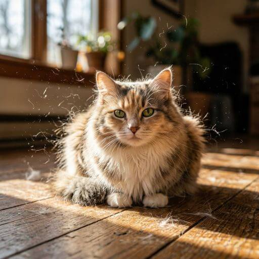 Gato felpudo num raio de sol com pelos soltos a flutuar no ar ilustrando a fase crítica da troca de pelos sazonal.