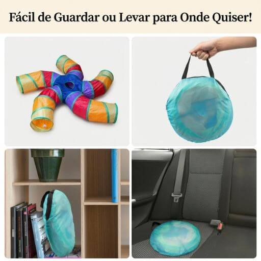 Pessoa a segurar um túnel para gatos dobrado dentro de uma bolsa de transporte pequena e a colocá-lo numa prateleira.