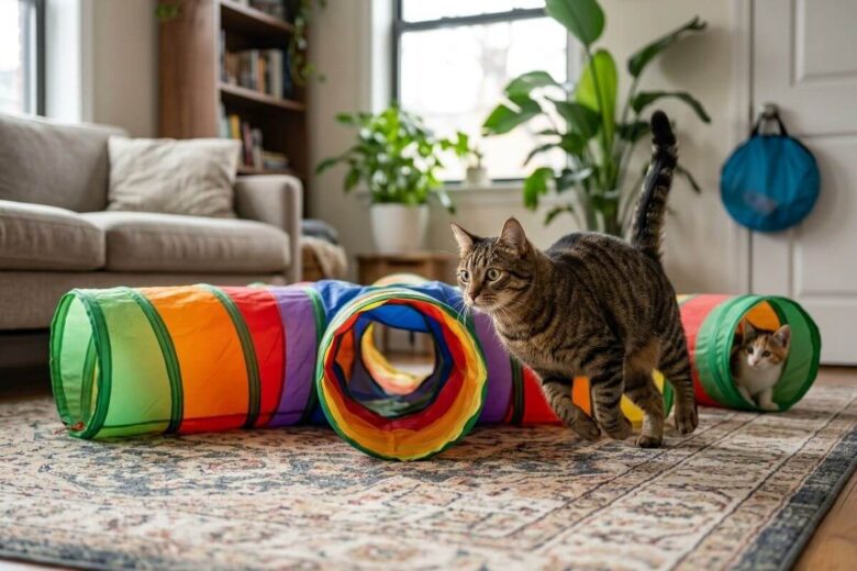 Gato rajado a sair a correr de um túnel dobrável para gatos colorido numa sala de apartamento moderna.