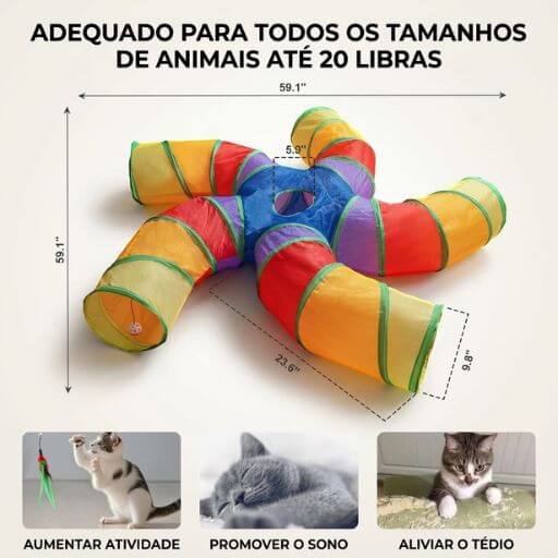 Gráfico mostrando as dimensões de um túnel dobrável grande adequado para gatos até 20 libras.