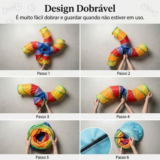 Tutorial passo a passo ensinando como dobrar e guardar o túnel para gatos na bolsa.