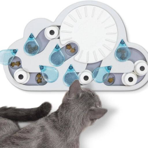 Fotografia aérea mostrando todos os 19 compartimentos e gotas de chuva do tabuleiro interativo felino.