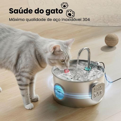 Gato bebendo água saudável da haste de aço inoxidável 304, material de grau alimentar que previne acne felina e proliferação de bactérias.