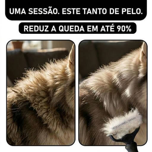 Comparação de antes e depois mostrando a escova removedora de subpelo reduzindo a queda em até 90 por cento em uma sessão.