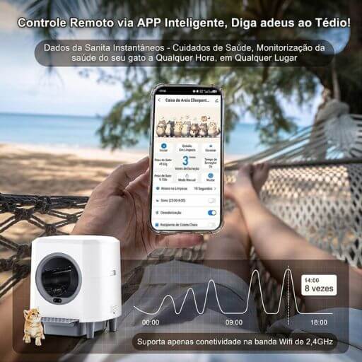 A Melhor Caixa de Areia Automática Para Gatos: Revolucionando a Higiene no Apartamento 6 Homem relaxando numa rede na praia enquanto verifica os dados de saúde e o peso do seu gato através do aplicativo inteligente da caixa de areia automática no telemóvel.