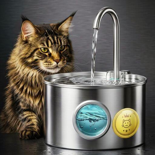 Lindo gato rajado bebendo água de uma fonte elegante de aço inox.