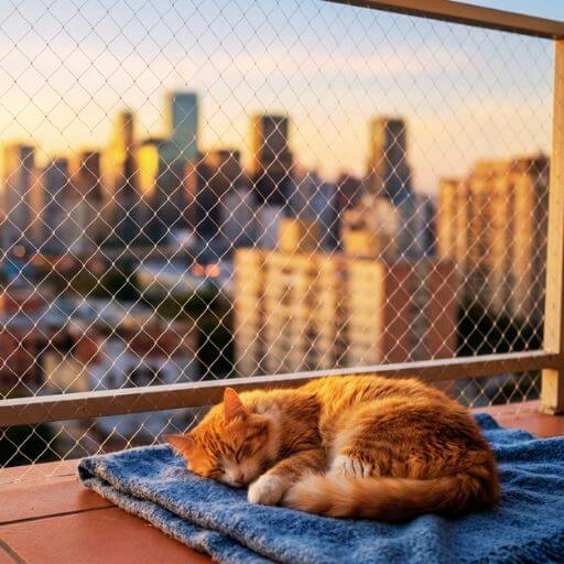 Rede de Proteção Para Gatos: Top 1 (Salva Vidas!) 11 Gato tranquilo dormindo na beirada de uma varanda de apartamento alto ao pôr do sol, protegido por uma rede de segurança discreta.