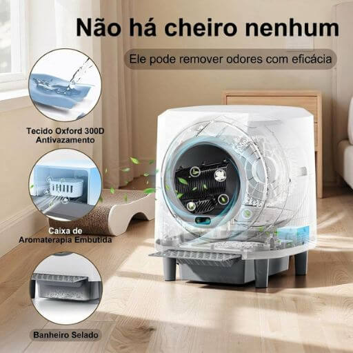 A Melhor Caixa de Areia Automática Para Gatos: Revolucionando a Higiene no Apartamento 4 Visão interna da caixa de areia automática mostrando o sistema selado antivazamento e a caixa de aromaterapia que remove odores de urina de gato com eficácia.
