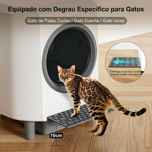 A Melhor Caixa de Areia Automática Para Gatos: Revolucionando a Higiene no Apartamento 8 Lindo gato bengala subindo o degrau ergonômico de 10cm da caixa de areia automática, projetado para acessibilidade de gatos idosos, doentes ou de patas curtas.