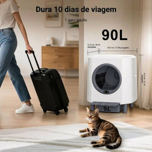 A Melhor Caixa de Areia Automática Para Gatos: Revolucionando a Higiene no Apartamento 5 Mulher com mala de viagem pronta para sair de férias, demonstrando que a caixa de areia automática com capacidade de 90L suporta até 10 dias sem manutenção para um gato adulto.