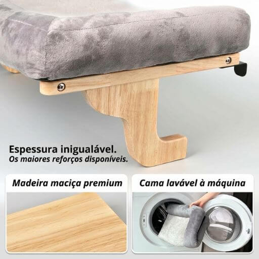 Detalhe da madeira dura premium e da capa de tecido lavável da cama de janela para gatos.