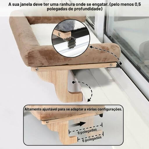 Uma cama de janela robusta de madeira, com detalhes para a instalação mostrando onde se engatar.