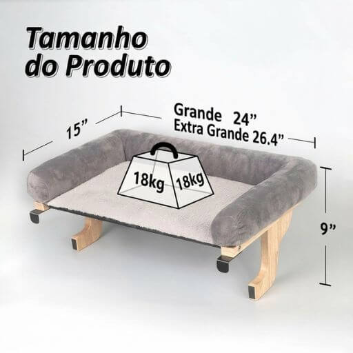 Infográfico mostrando as dimensões da cama de janela e a sua capacidade de suportar até 18kg de peso.