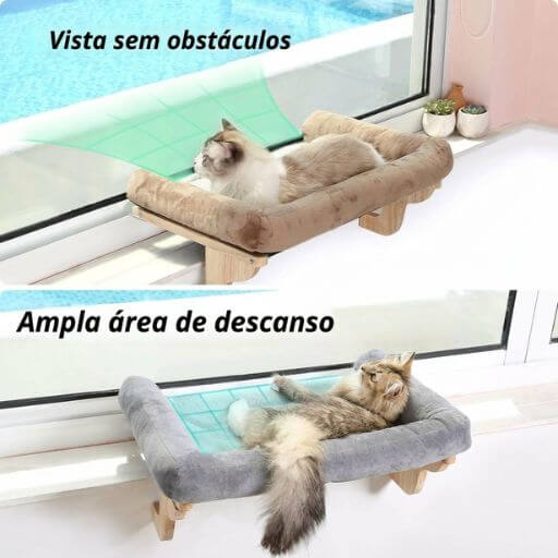 Cama suspensa para gatos instalada na janela, oferecendo uma visão sem obstáculos e uma ampla área de descanso.