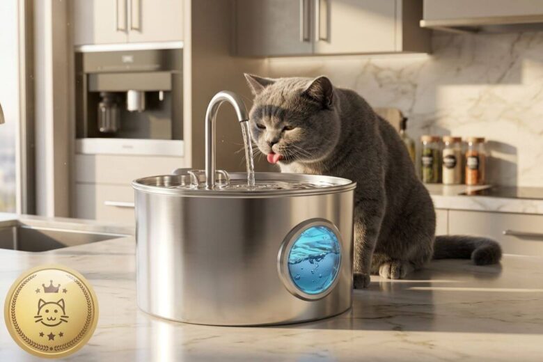 Lindo gato britânico de pelo curto bebendo água de uma fonte elegante de aço inox num apartamento luxuoso e ensolarado.