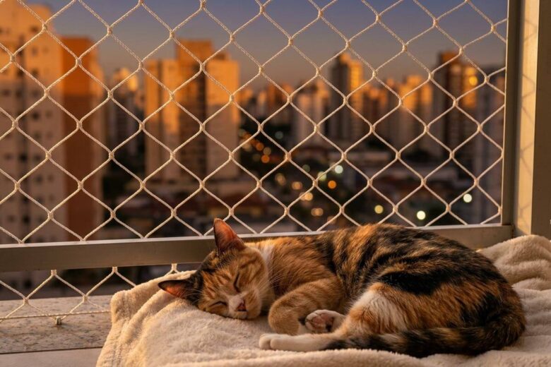 Rede de Proteção Para Gatos: Top 1 (Salva Vidas!) 1 Gato tranquilo dormindo na beirada de uma varanda de apartamento alto ao pôr do sol, protegido por uma rede de segurança discreta.