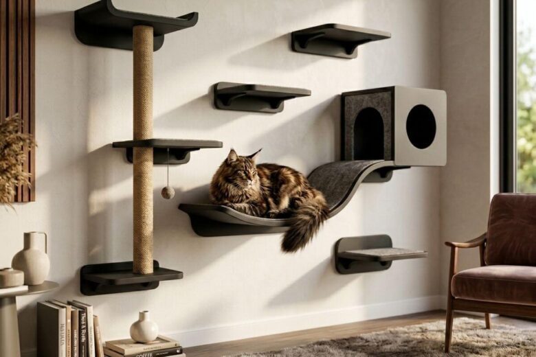 Majestoso gato Maine Coon deitado confortavelmente em uma prateleira de madeira fixada na parede de um apartamento moderno e iluminado.