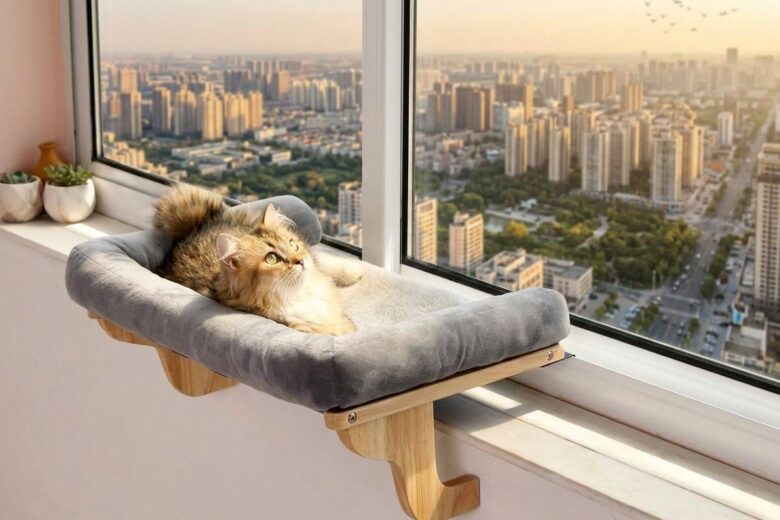 Capa mostrando um gato majestoso descansando em uma cama de janela robusta de madeira, observando uma vista urbana vibrante durante o banho de sol.
