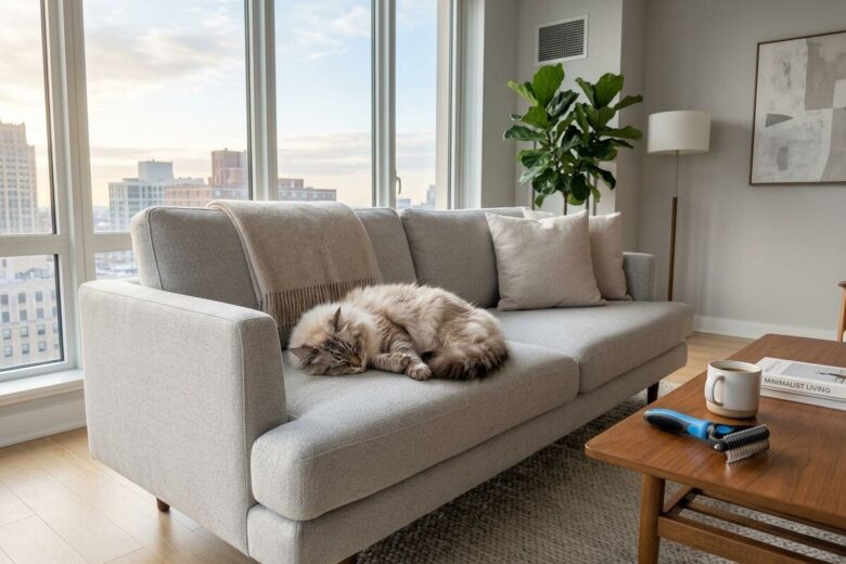 Um apartamento impecavelmente limpo com um gato de pelo longo relaxando no sofá, mostrando a eficiência de uma escova removedora de subpelo.