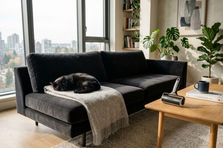 Um apartamento limpo com um gato descansando em um sofá de veludo impecável, protegido por um rolo removedor de pelos.