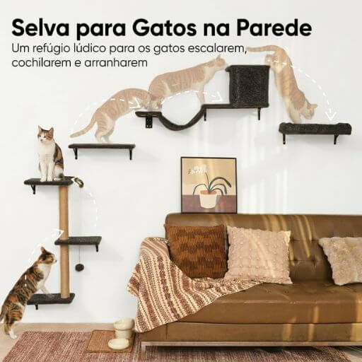 emonstração do pulo de um gato ágil através do circuito de prateleiras de parede, simulando uma selva segura dentro de casa.
