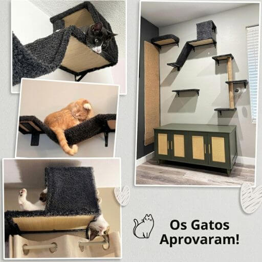 Montagem de fotos reais de gatos felizes e relaxados aproveitando o circuito de prateleiras nas paredes de seus apartamentos.