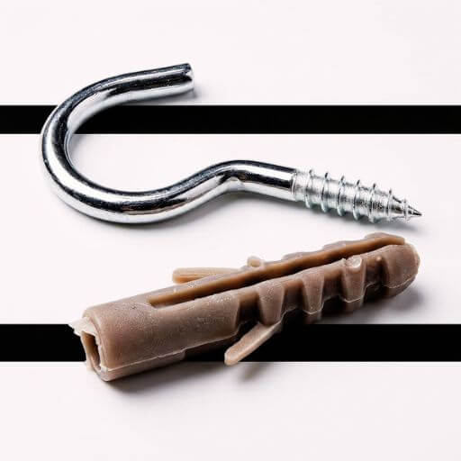 Rede de Proteção Para Gatos: Top 1 (Salva Vidas!) 9 Close-up macro em um gancho de metal resistente e uma bucha de fixação utilizados para a instalação segura de telas para gatos.