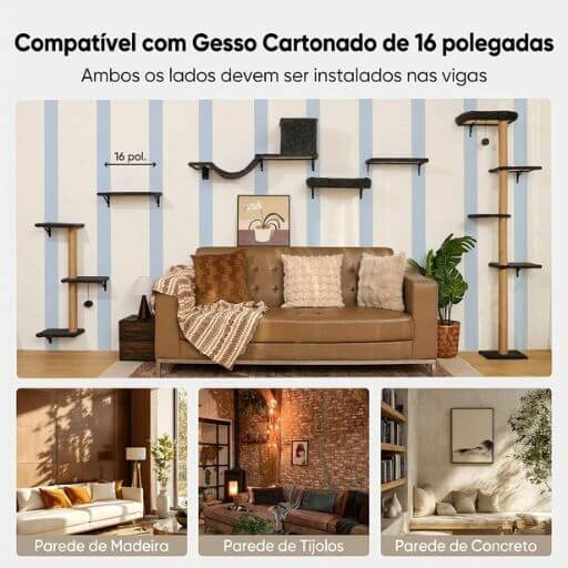 Guia visual mostrando que as prateleiras de parede para gatos podem ser instaladas em gesso cartonado, madeira, tijolo e concreto.