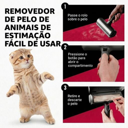 Guia de três passos de como passar, abrir e esvaziar o rolo removedor de pelos de forma rápida e higiênica.