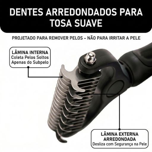 Detalhe da tecnologia dos dentes arredondados da escova removedora de subpelo que coleta os pelos mortos sem irritar a pele do gato.