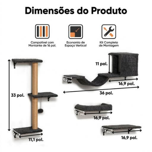 Detalhes e dimensões exatas dos nichos, pontes e arranhadores que compõem o melhor kit de prateleiras para gatos.