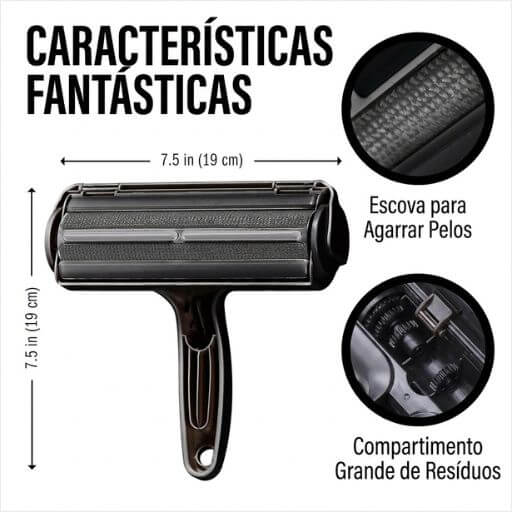 Detalhes técnicos e medidas exatas do rolo removedor de pelos, destacando a escova de agarre e o tamanho do compartimento.