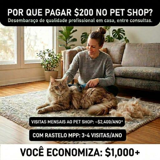 Tutora economizando dinheiro com pet shop ao usar a escova removedora de subpelo em casa num gato Maine Coon.