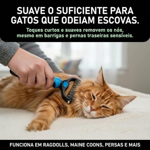 Gato laranja deitado e relaxado enquanto a tutora passa a escova removedora de subpelo suavemente em sua barriga.