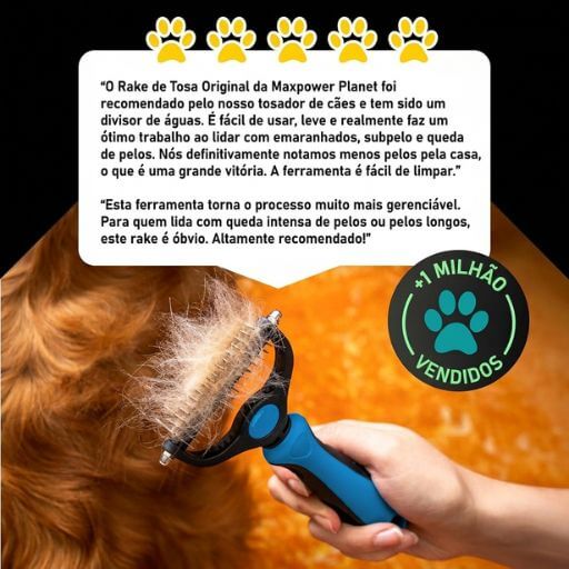 Escova removedora de subpelo Maxpower Planet azul em ação, ferramenta com mais de 1 milhão de vendas para higiene pet.