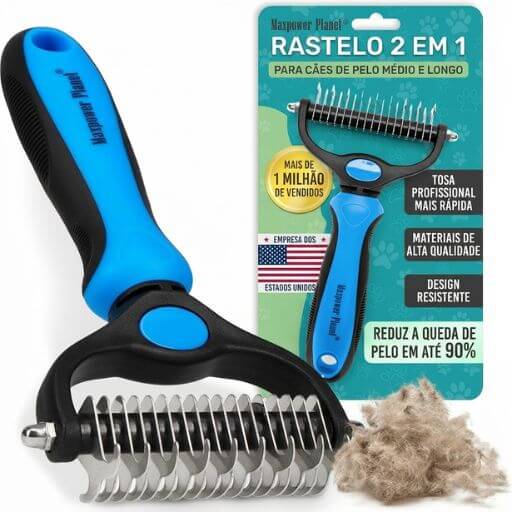 Embalagem original do rastelo 2 em 1 escova removedora de subpelo da marca Maxpower Planet.