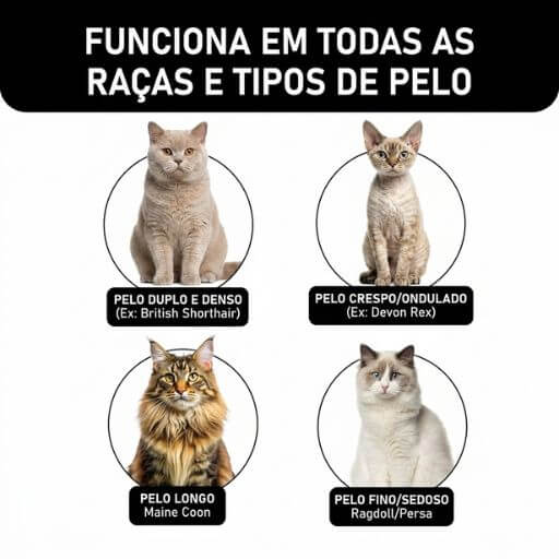 Escova removedora de subpelo funciona em gatos de todas as raças, incluindo pelo curto, longo, duplo e crespo.