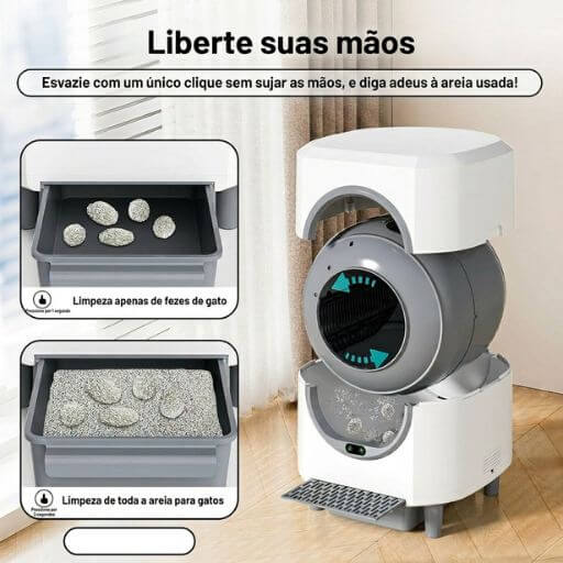 A Melhor Caixa de Areia Automática Para Gatos: Revolucionando a Higiene no Apartamento 9 Sistema de gavetas de esvaziamento da caixa de areia automática, mostrando como limpar apenas as fezes ou descartar toda a areia com um único clique, sem sujar as mãos.