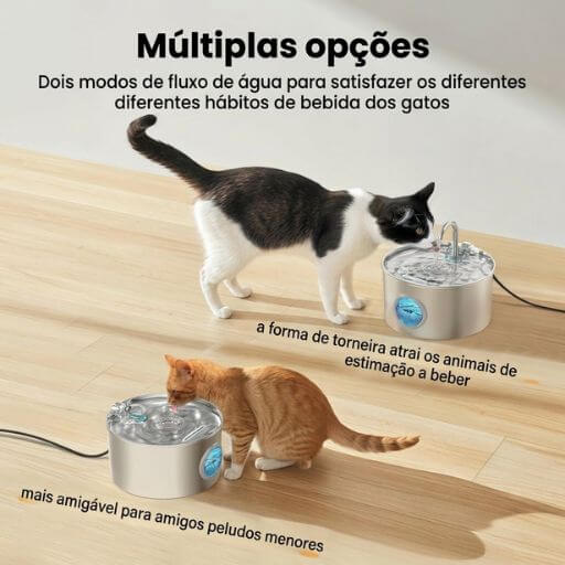Dois gatos usando os diferentes modos de fluxo do bebedouro automático, simulando uma torneira natural que atrai o instinto felino.