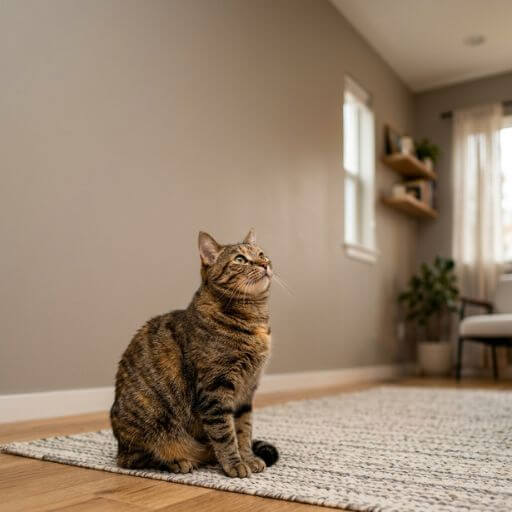 Gato entediado e estressado olhando para cima em um apartamento pequeno sem espaço vertical para brincar.