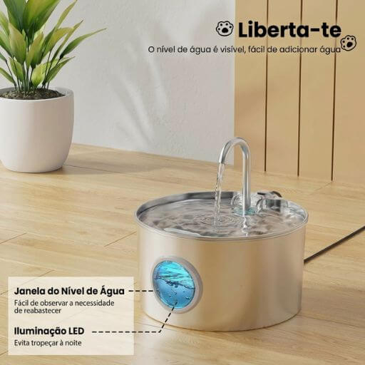 Visor em LED azul do bebedouro automático de inox, facilitando a verificação do nível de água à noite e evitando tropeços.