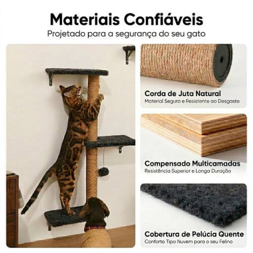Foco na alta qualidade do compensado multicamadas, cobertura de pelúcia e corda de juta natural das prateleiras felinas.