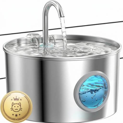 O melhor bebedouro automático de inox para gatos em destaque, com design circular moderno e visor de nível de água.