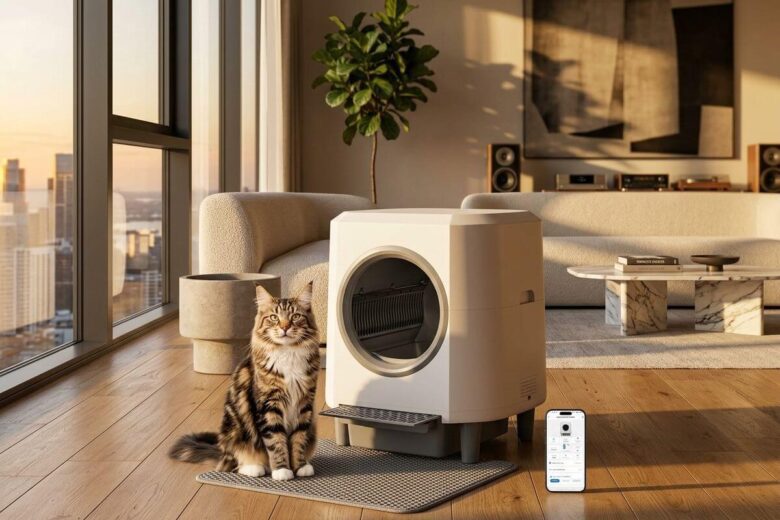 A Melhor Caixa de Areia Automática Para Gatos: Revolucionando a Higiene no Apartamento 1 Gato Maine Coon majestoso sentado orgulhosamente ao lado de uma caixa de areia automática futurista numa sala de apartamento moderna.