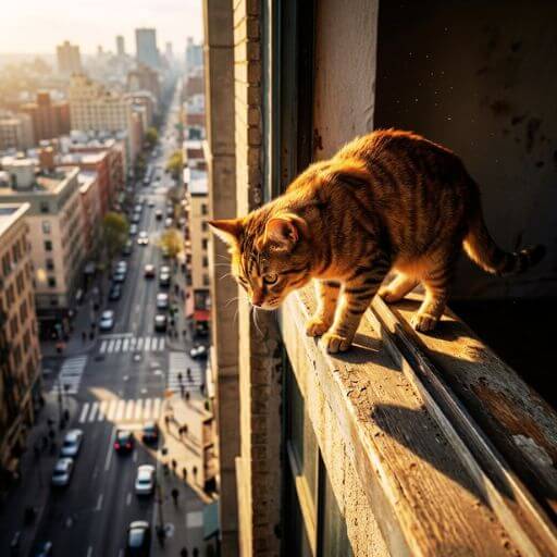 Rede de Proteção Para Gatos: Top 1 (Salva Vidas!) 2 Gato olhando perigosamente para baixo na beirada de uma janela de apartamento alto sem rede de proteção para gatos.