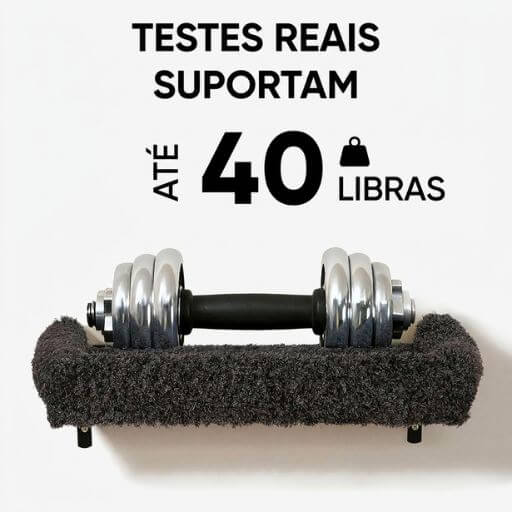 Teste de resistência mostrando a prateleira para gatos suportando facilmente um peso de halteres de 40 libras (aprox. 18kg)