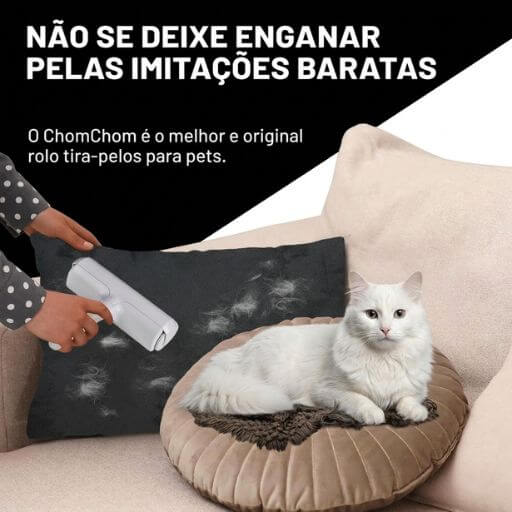 Alerta contra imitações baratas do rolo removedor de pelos, mostrando a ferramenta original sendo usada em almofadas.